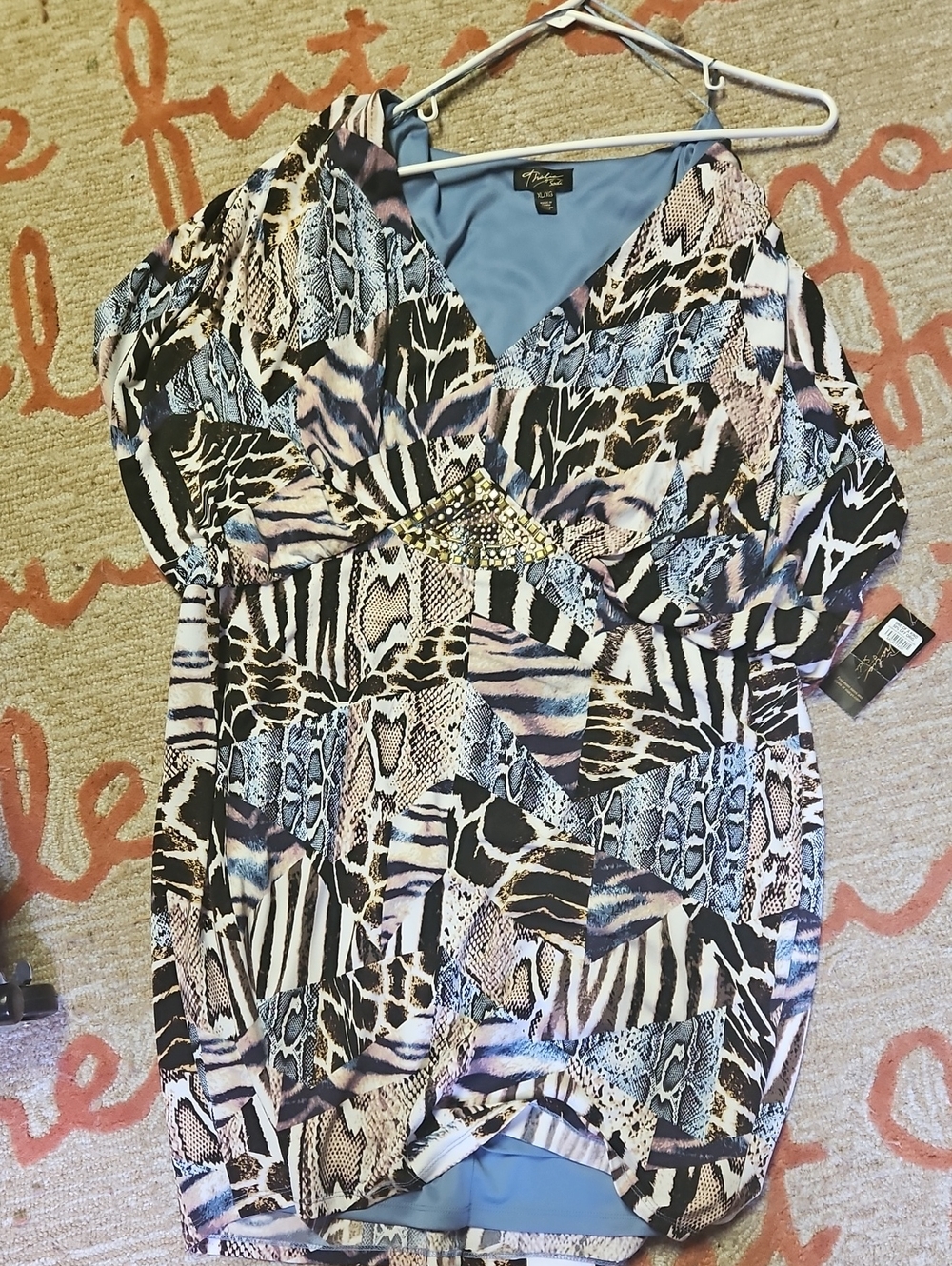 Unbranded Blue & Neutral Animal Print V-Neck Women's Top